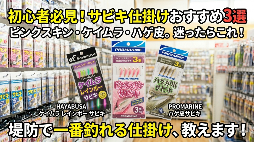 釣具店に並ぶサビキ仕掛けとおすすめの3商品（ピンクスキン、ケイムラ、ハゲ皮）