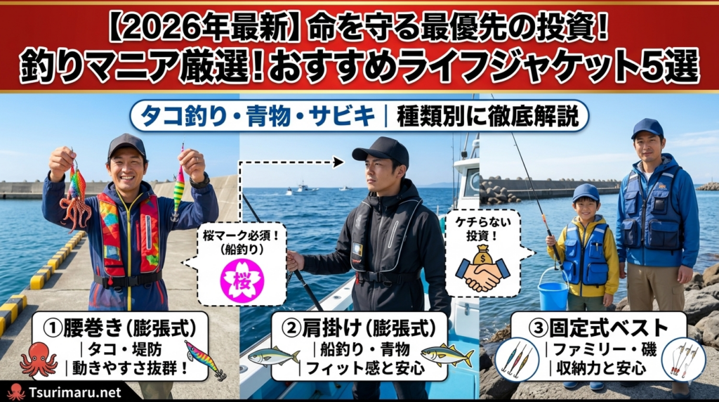青い海と空を背景に、腰巻き膨張式と固定式ベスト型の釣り用ライフジャケットが描かれ、上部に『2026最新版』、中央に『命を守る！釣り用ライフジャケットの選び方とおすすめ5選』という文字が配置されたアイキャッチ画像