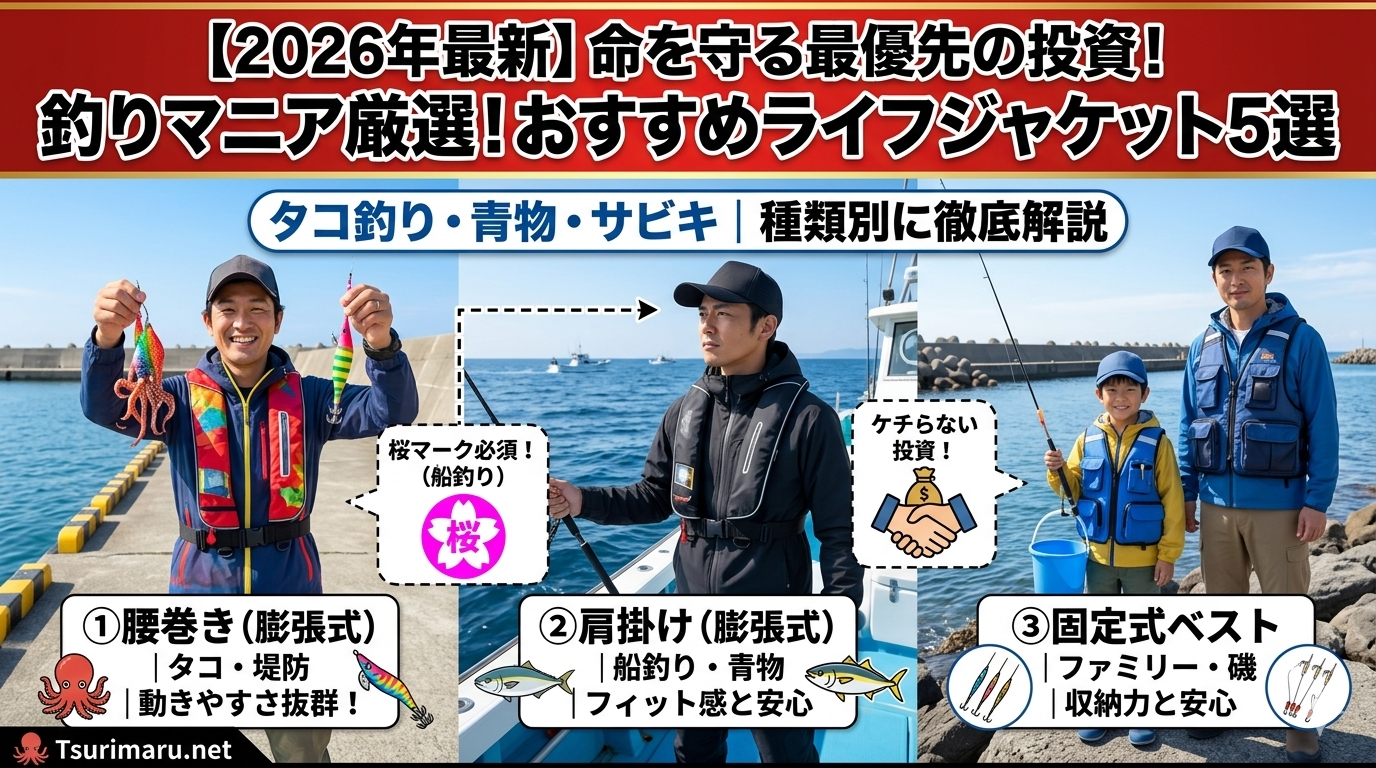 青い海と空を背景に、腰巻き膨張式と固定式ベスト型の釣り用ライフジャケットが描かれ、上部に『2026最新版』、中央に『命を守る!釣り用ライフジャケットの選び方とおすすめ5選』という文字が配置されたアイキャッチ画像