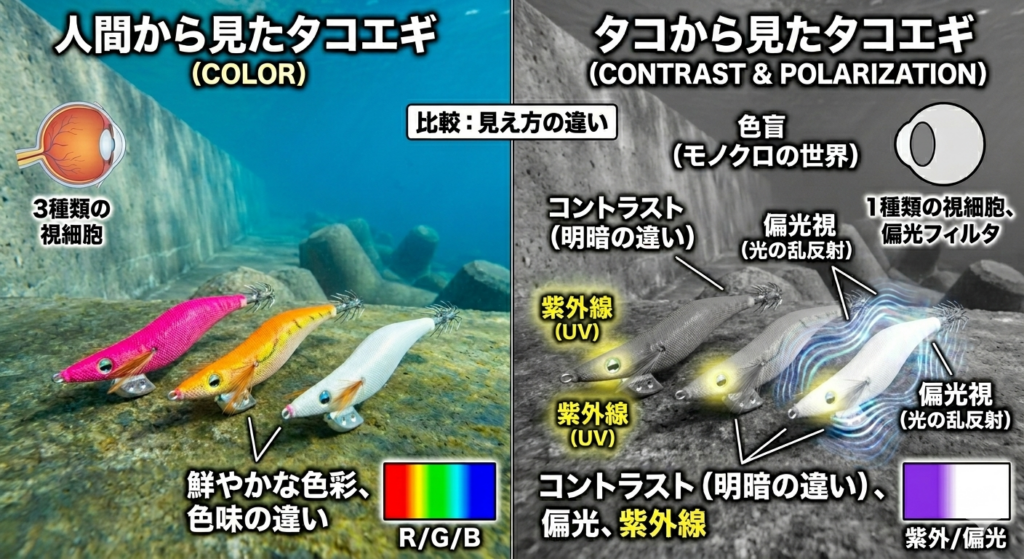 人間のエギの見え方　タコのエギの見え方　イメージ画像