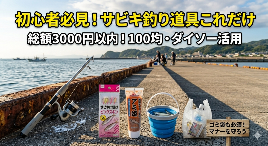 晴れた堤防に並べられたダイソーの釣り竿、サビキ仕掛け、チューブ式エサ（アミ姫）、コマセカゴ、水汲みバケツ、ゴミ袋。総額3000円以内で揃う、初心者向けサビキ釣りの必須道具6点を紹介するアイキャッチ画像。」