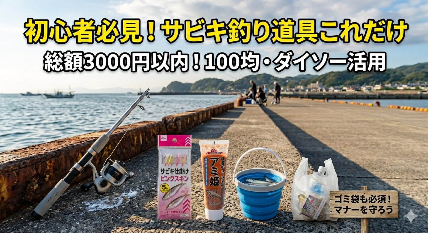 晴れた堤防に並べられたダイソーの釣り竿、サビキ仕掛け、チューブ式エサ（アミ姫）、コマセカゴ、水汲みバケツ、ゴミ袋。総額3000円以内で揃う、初心者向けサビキ釣りの必須道具6点を紹介するアイキャッチ画像。」