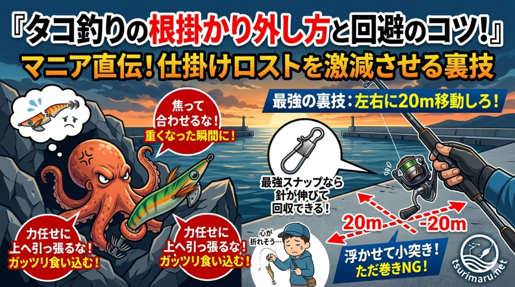タコ釣りの根掛かり外し方を解説するアイキャッチ画像。堤防を左右に20m移動する裏技や、ラインを弾く弓矢外しのコツ、焦って引っ張るのがNGな理由がイラスト付きで細かく説明されている。右下にはtsurimaru.netのロゴ入り。