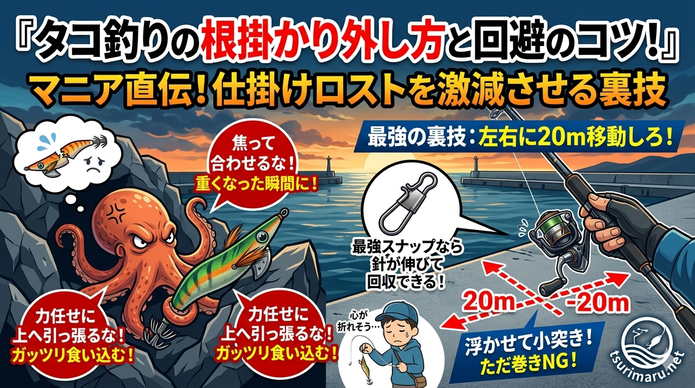 タコ釣りの根掛かり外し方を解説するアイキャッチ画像。堤防を左右に20m移動する裏技や、ラインを弾く弓矢外しのコツ、焦って引っ張るのがNGな理由がイラスト付きで細かく説明されている。右下にはtsurimaru.netのロゴ入り。