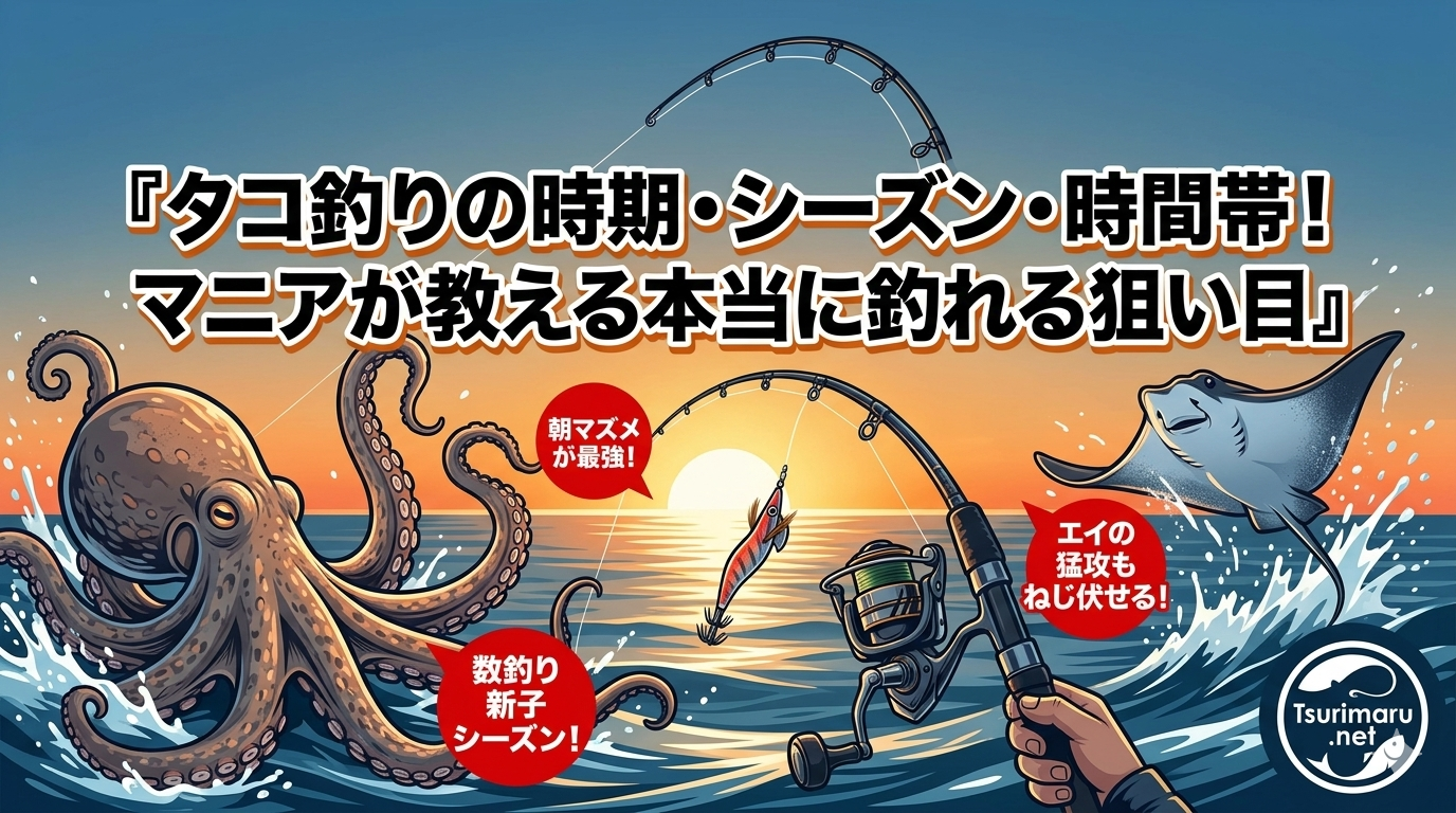 タコ釣りの時期と時間帯を解説するアイキャッチ画像。タコ、エイ、仕掛けのロゴが書かれている。