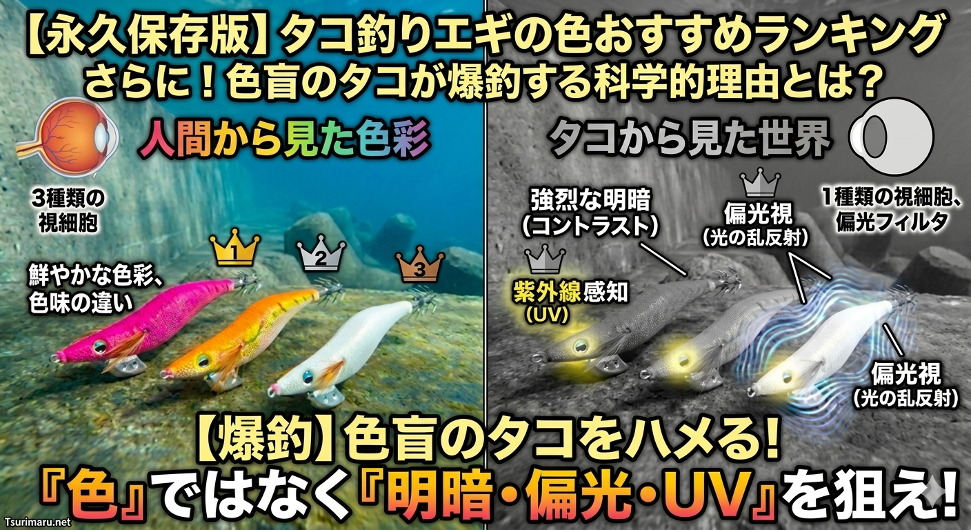 タコ釣りおすすめのエギの色は？のアイキャッチ画像。人間とタコの世界の見え方の違い