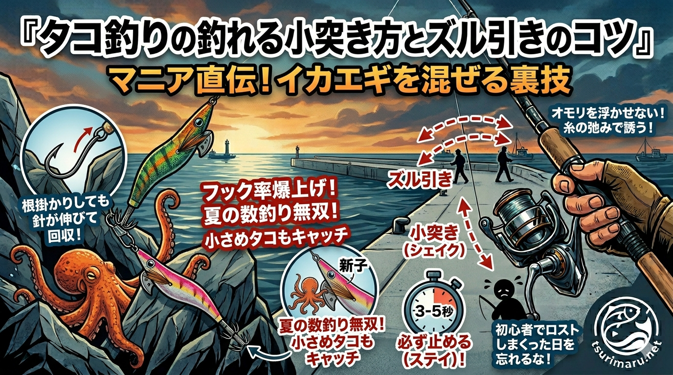 タコ釣りの小突き方とズル引きのコツを解説しつつ、夏の数釣り用にタコエギと小さくて安いイカエギをダブルでセットする裏技を紹介する画像。⁠