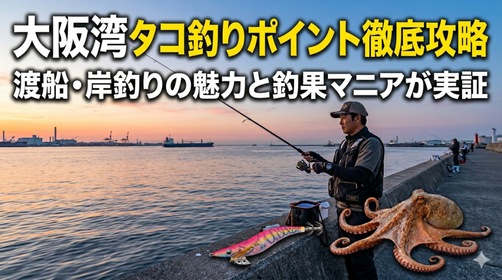 大阪湾の朝焼けの防波堤でタコ釣りをする釣り人と大ダコのアイキャッチ画像：「大阪湾タコ釣りポイント徹底攻略 渡船・岸釣りの魅力と釣果マニアが実証」