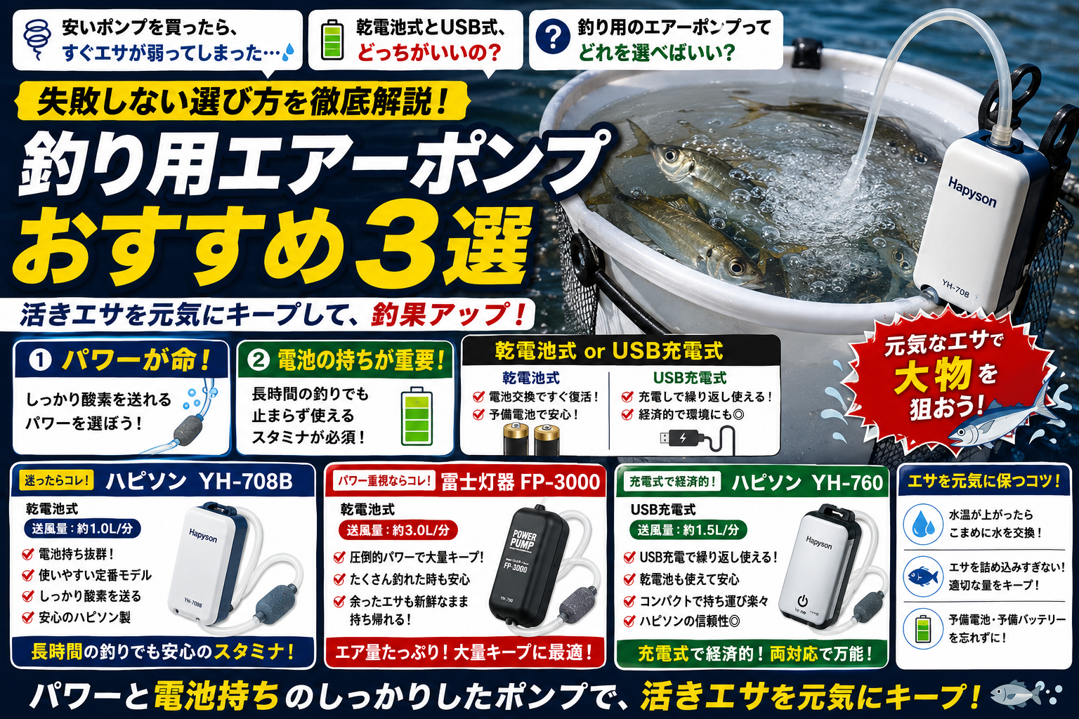 釣り用エアーポンプおすすめ3選の図解。活きエサを弱らせないパワーと電池持ちが重要な選び方を解説。乾電池式のハピソンYH-708B・冨士灯器FP-3000、USB充電式YH-760を送風量とともに比較。バケツでアジをキープする様子も紹介