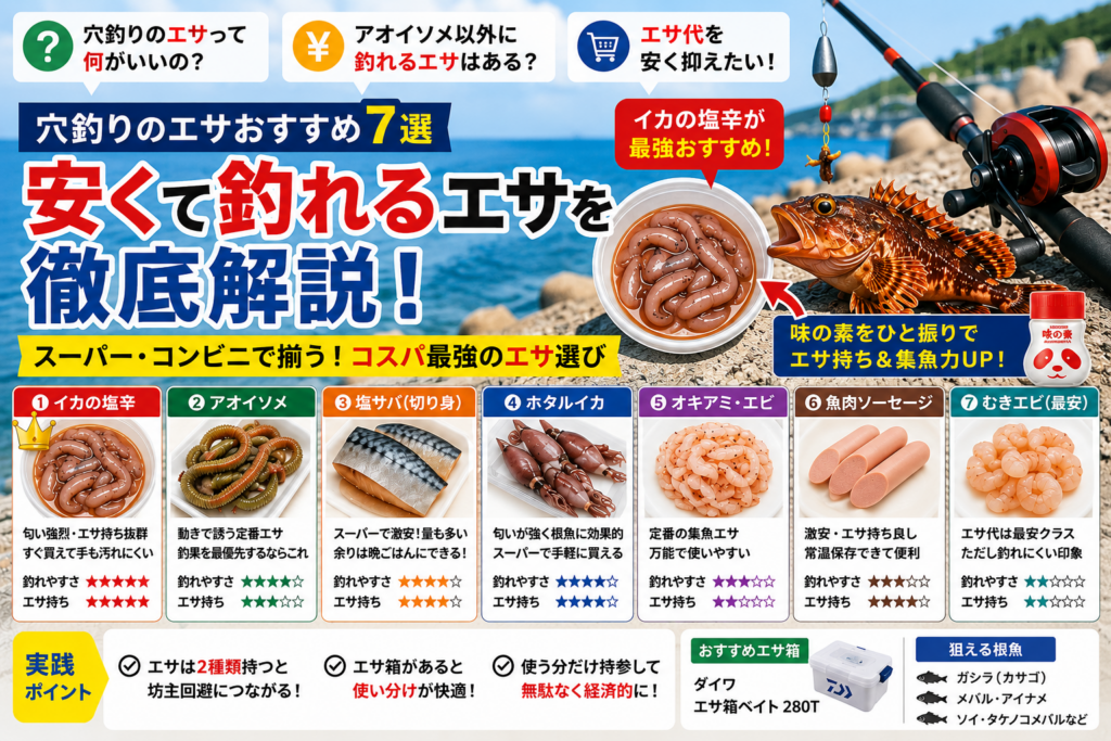 穴釣りのエサおすすめ7選を比較した図解。イカの塩辛・アオイソメ・塩サバ・ホタルイカ・オキアミ・魚肉ソーセージ・むきエビの釣れやすさとエサ持ちを星評価で比較。味の素の裏技も紹介