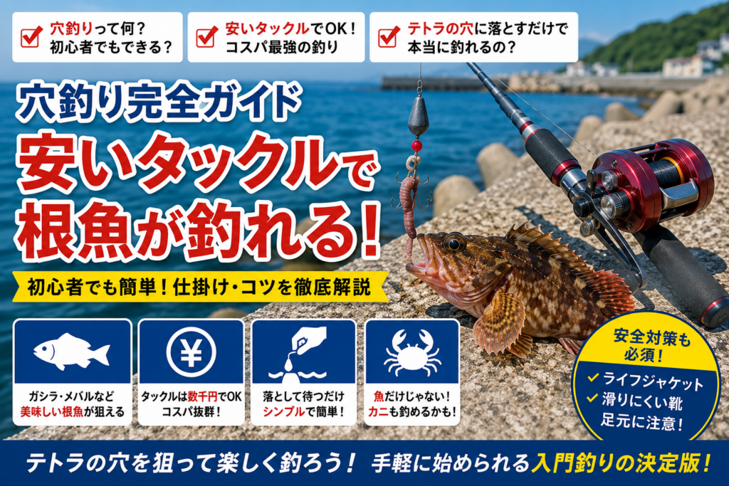 穴釣り完全ガイドの図解。安いタックルでガシラやメバルなどの根魚が釣れる穴釣りの魅力を解説。仕掛け・コツ・カニも釣れる楽しさ・ライフジャケットなど安全対策を紹介