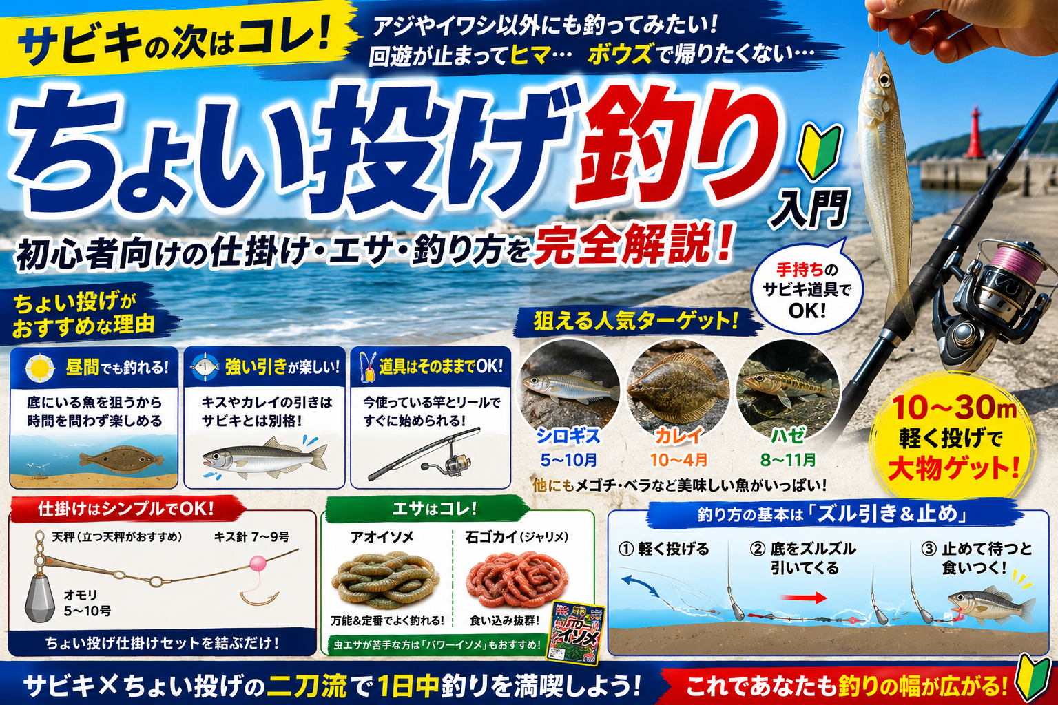 サビキの次はコレ！ちょい投げ釣り初心者向けの仕掛け・エサ・釣り方（キス・カレイ・ハゼ）
