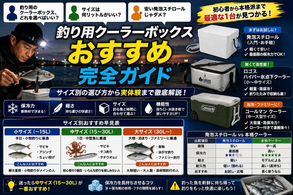 釣り用クーラーボックスおすすめ完全ガイドの図解。発泡スチロール・ロゴスハイパー氷点下クーラー・コールマンをサイズ別に比較。小中大の容量別の選び方と保冷力の解説