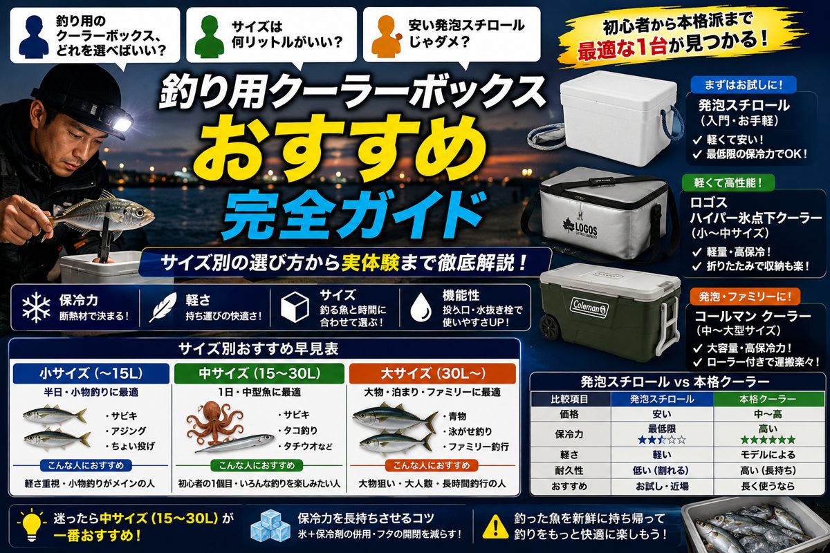釣り用クーラーボックスおすすめ完全ガイドの図解。発泡スチロール・ロゴスハイパー氷点下クーラー・コールマンをサイズ別に比較。小中大の容量別の選び方と保冷力の解説