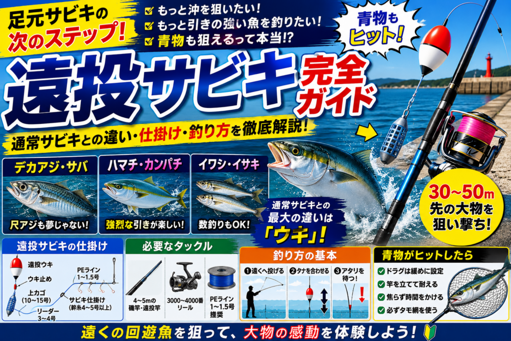 足元サビキからのステップアップを解説する「遠投サビキ完全ガイド」のアイキャッチ画像。青物やデカアジのイラスト、仕掛け・タックルの基本、釣り方や青物ヒット時の対応策が網羅されています。