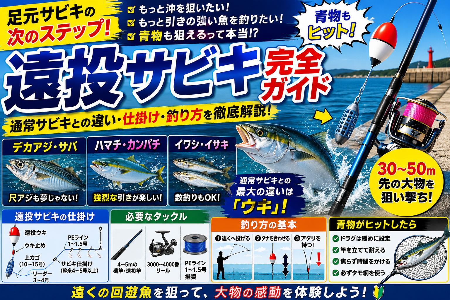 足元サビキからのステップアップを解説する「遠投サビキ完全ガイド」のアイキャッチ画像。青物やデカアジのイラスト、仕掛け・タックルの基本、釣り方や青物ヒット時の対応策が網羅されています。