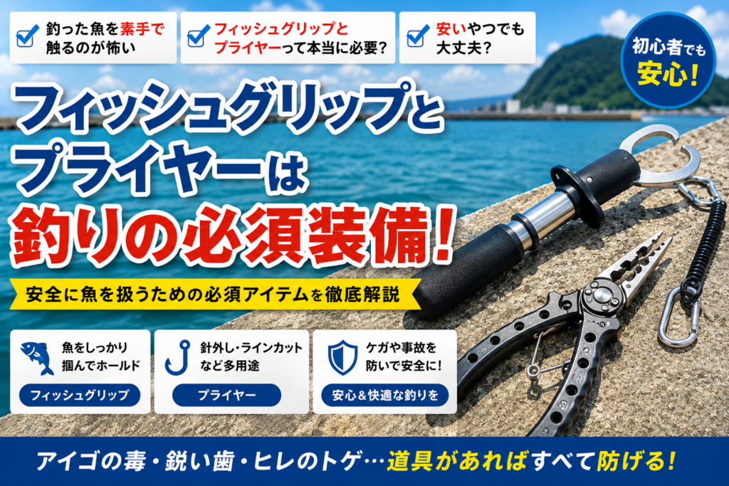 釣り用フィッシュグリップとプライヤーが釣りの必須装備であることを解説した図解。魚をホールドするフィッシュグリップと針外し・ラインカットに使うプライヤーで安全に魚を扱う方法を紹介