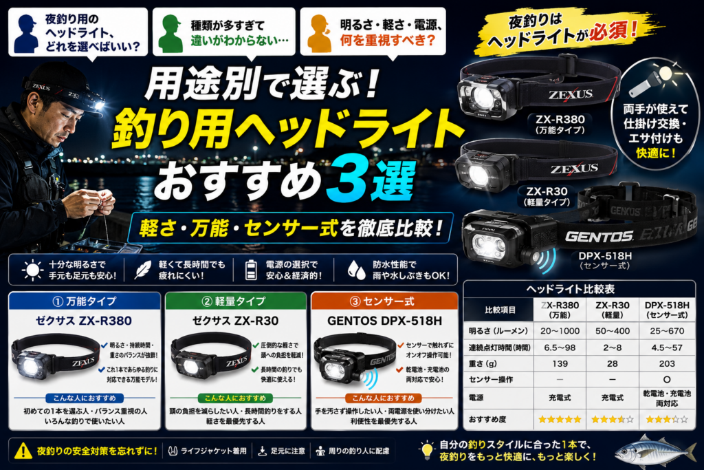 釣り用ヘッドライトおすすめ3選を用途別に比較した図解。万能タイプのゼクサスZX-R380、軽量タイプのZX-R30、センサー式のGENTOS DPX-518Hの明るさ・重さ・電源を徹底比較