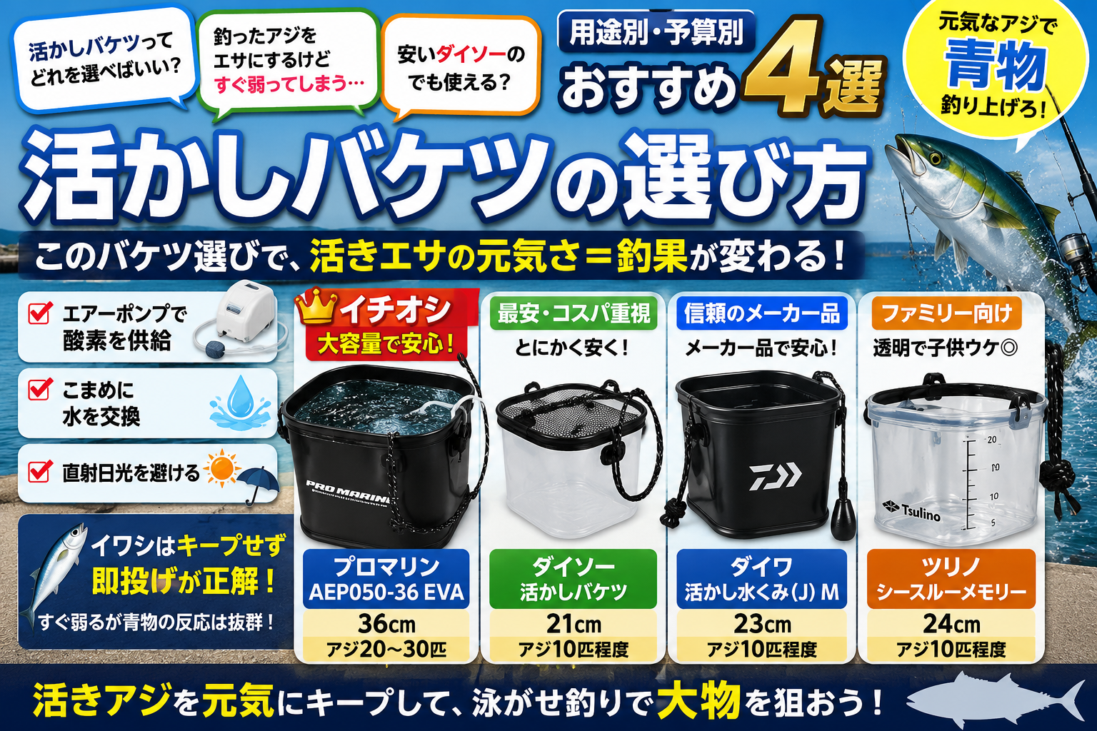 活かしバケツの選び方おすすめ4選を比較した図解。プロマリンAEP050-36（36cm・アジ20〜30匹）、ダイソー（21cm）、ダイワ活かし水くみ（23cm）、ツリノシースルー（24cm）を用途別・予算別に紹介。エアーポンプや水交換のコツも解説