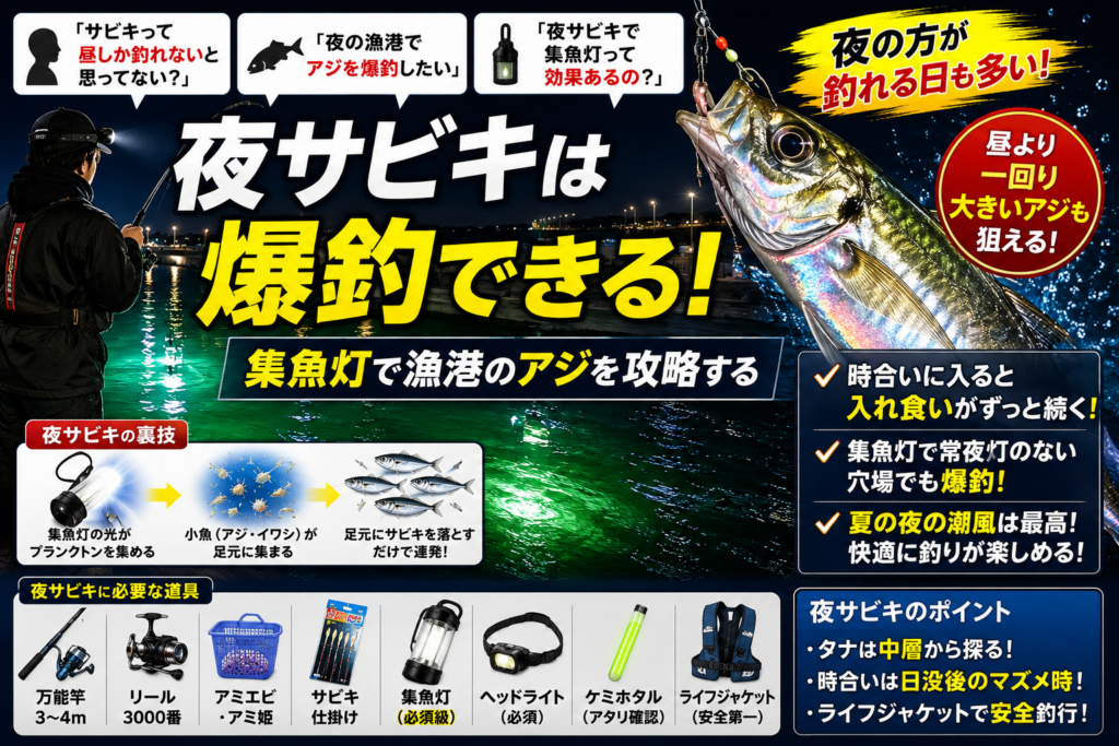 夜サビキで漁港のアジを爆釣する方法を解説した図解。集魚灯の裏技、必要な道具、狙うタナ、昼より大きいアジが釣れるポイントを紹介