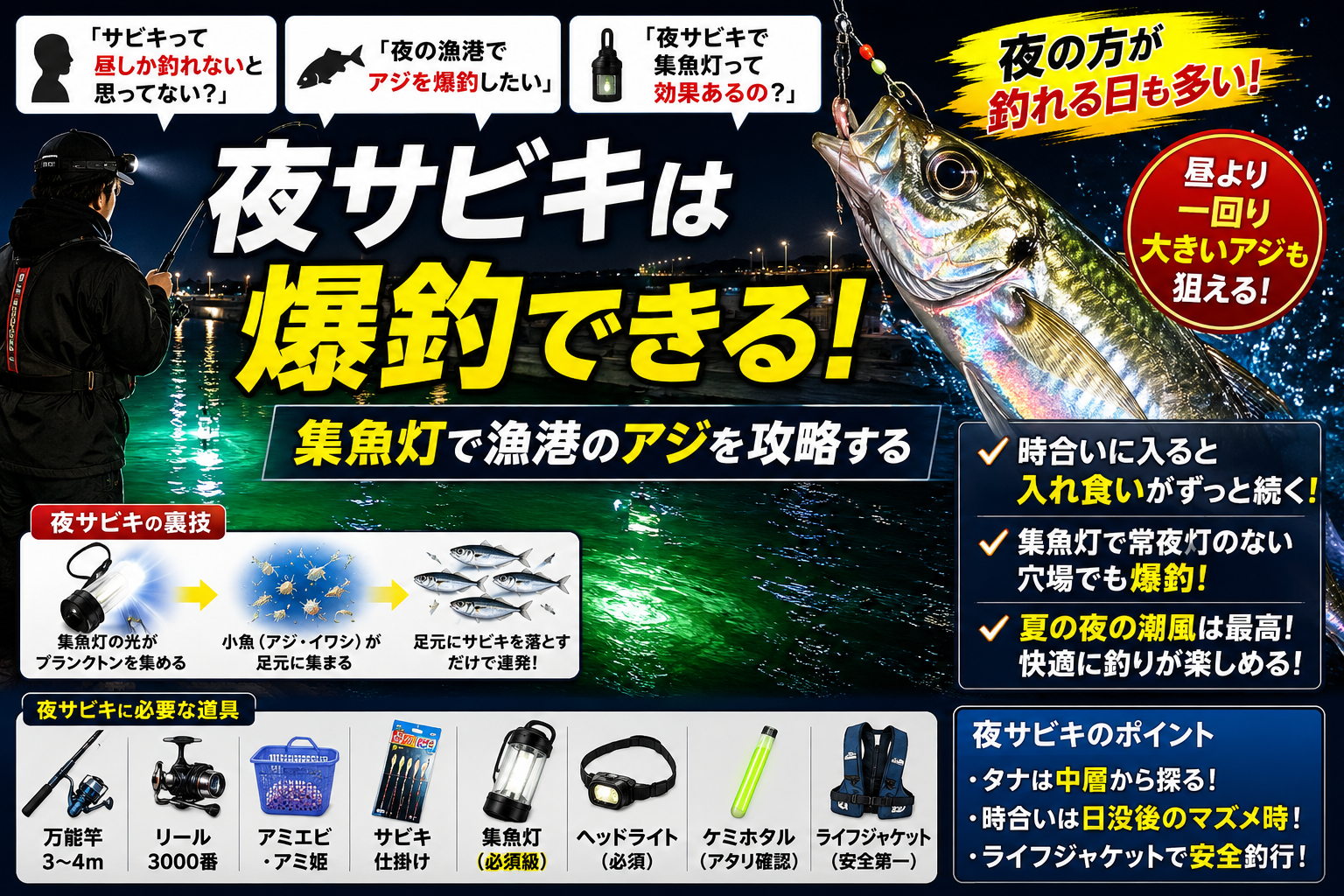 夜サビキで漁港のアジを爆釣する方法を解説した図解。集魚灯の裏技、必要な道具、狙うタナ、昼より大きいアジが釣れるポイントを紹介