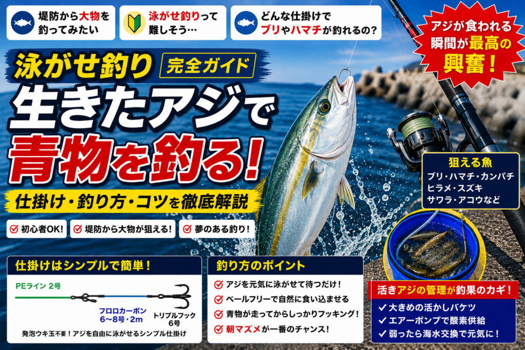泳がせ釣り完全ガイドの図解。生きたアジで青物を狙う泳がせ釣りの魅力を解説。朝マズメがチャンス、シンプル仕掛けで初心者OK、アジを釣る・泳がせる・大物ヒット・タモでキャッチの4ステップを紹介