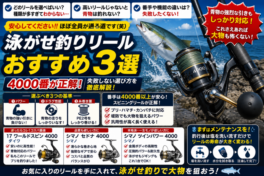泳がせ釣りリールおすすめ3選の図解。4000番が正解という結論と、パワー・ドラグ性能・糸巻き量の3つの選び方基準を解説。ダイワ17ワールドスピン、シマノセドナ、シマノツインパワーの4000番を比較し、メンテナンス方法も紹介