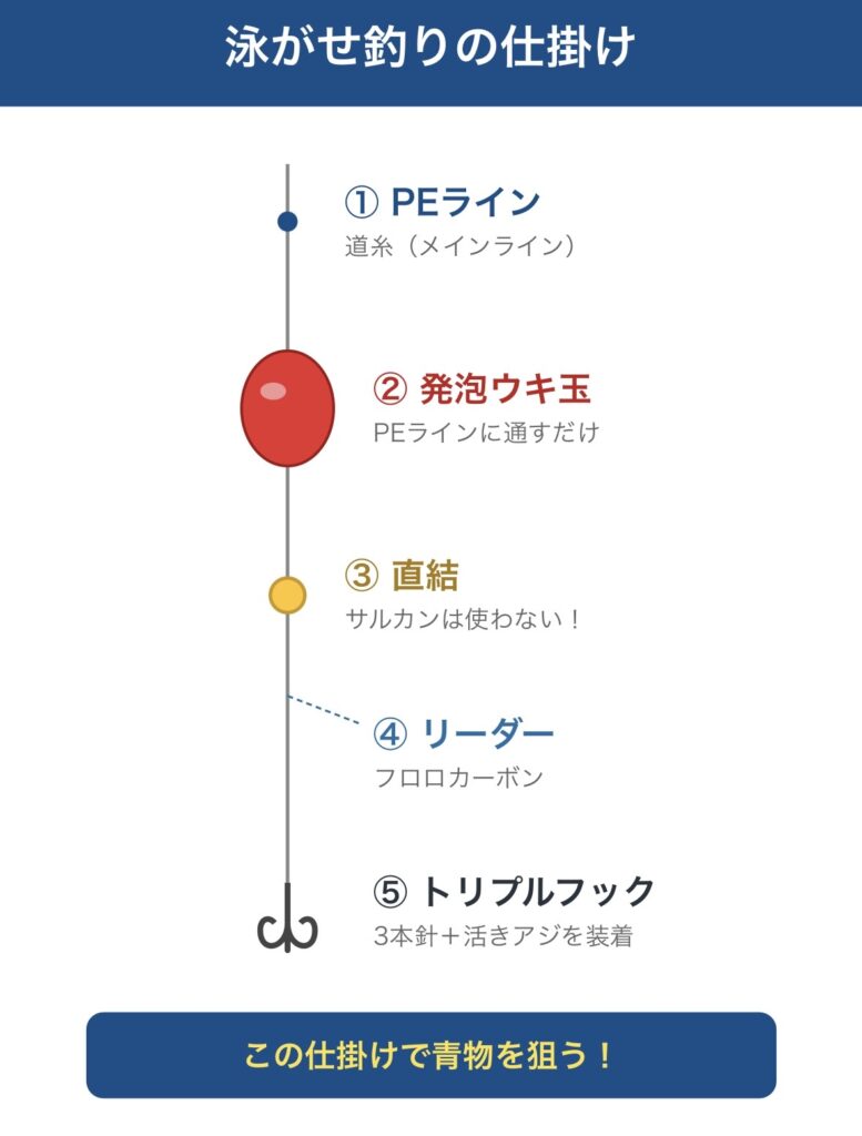 泳がせ（ノマセ）釣りの仕掛けのわかりやすい簡単な図