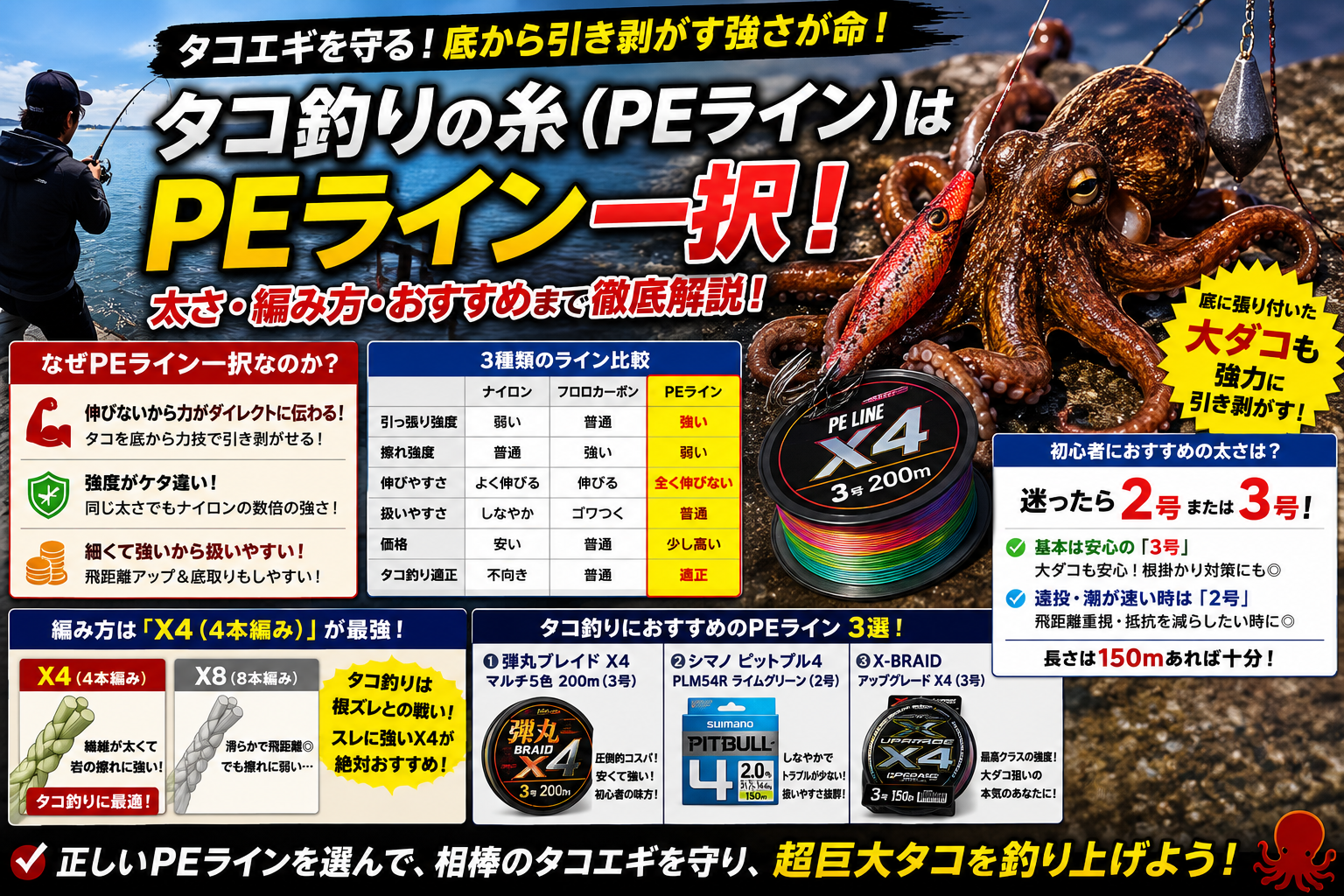 タコ釣りの糸】最適な太さ（号数）と種類は？失敗しないPEラインの