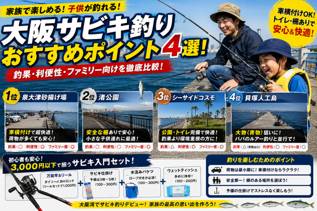 大阪のサビキ釣りおすすめポイントを比較し、3,000円以下で道具を揃える初心者向けガイドも記載しいるアイキャッチ画像。