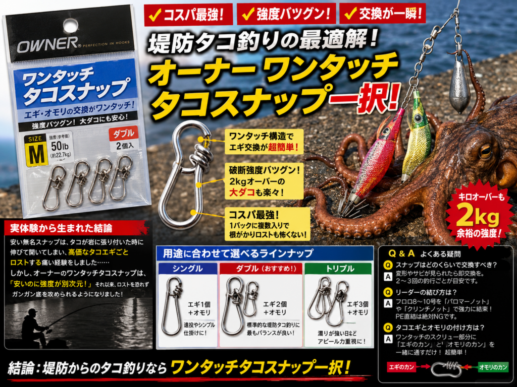 堤防タコ釣りに最適な「オーナー ワンタッチタコスナップ」の魅力（コスパ、2kg超えにも耐える破断強度、一瞬でエギ交換できる構造）と、シングル・ダブル・トリプルの選び方を解説した図解。