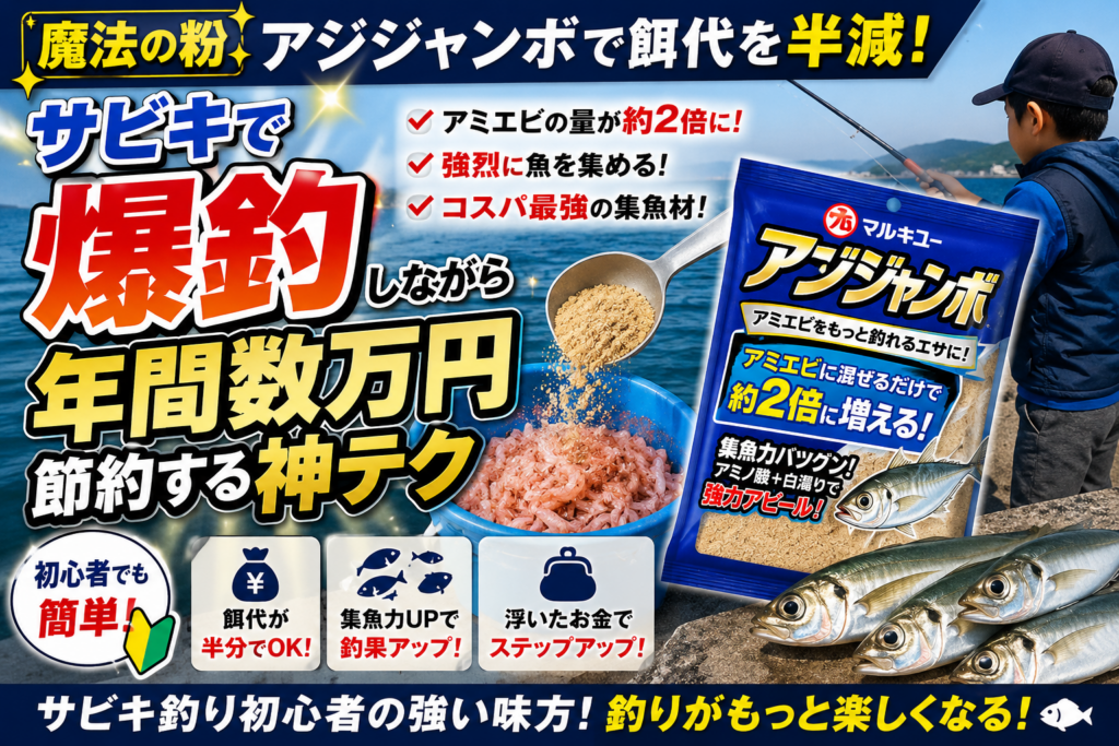 マルキユーのアジジャンボを使ったサビキ釣りの餌代節約と釣果アップを解説するアイキャッチ画像。アミエビを2倍にかさ増ししてアジを爆釣させる神テクを紹介。