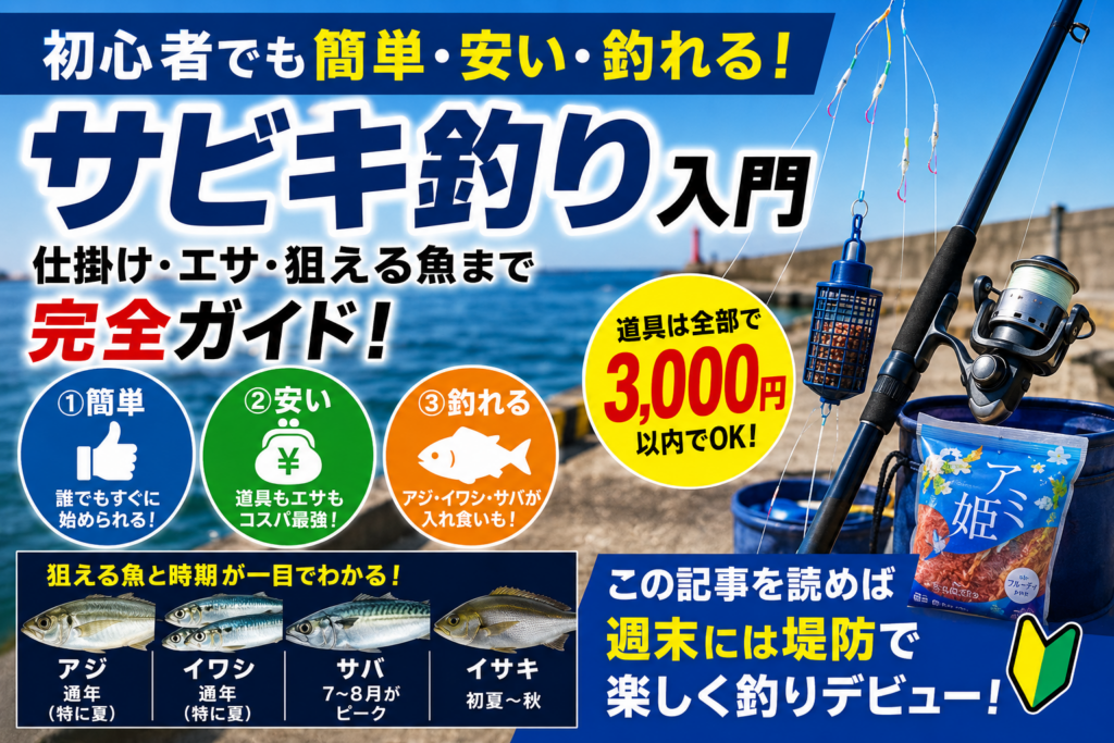釣り初心者　サビキ釣りの入門を解説しているアイキャッチ画像。