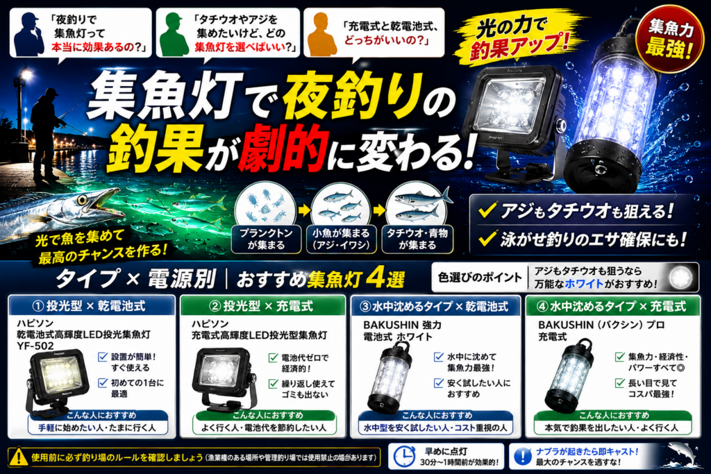 集魚灯おすすめ4選を投光型・水中型、乾電池式・充電式のタイプ別に比較した図解。タチウオ・アジに効く選び方とホワイトカラーの解説