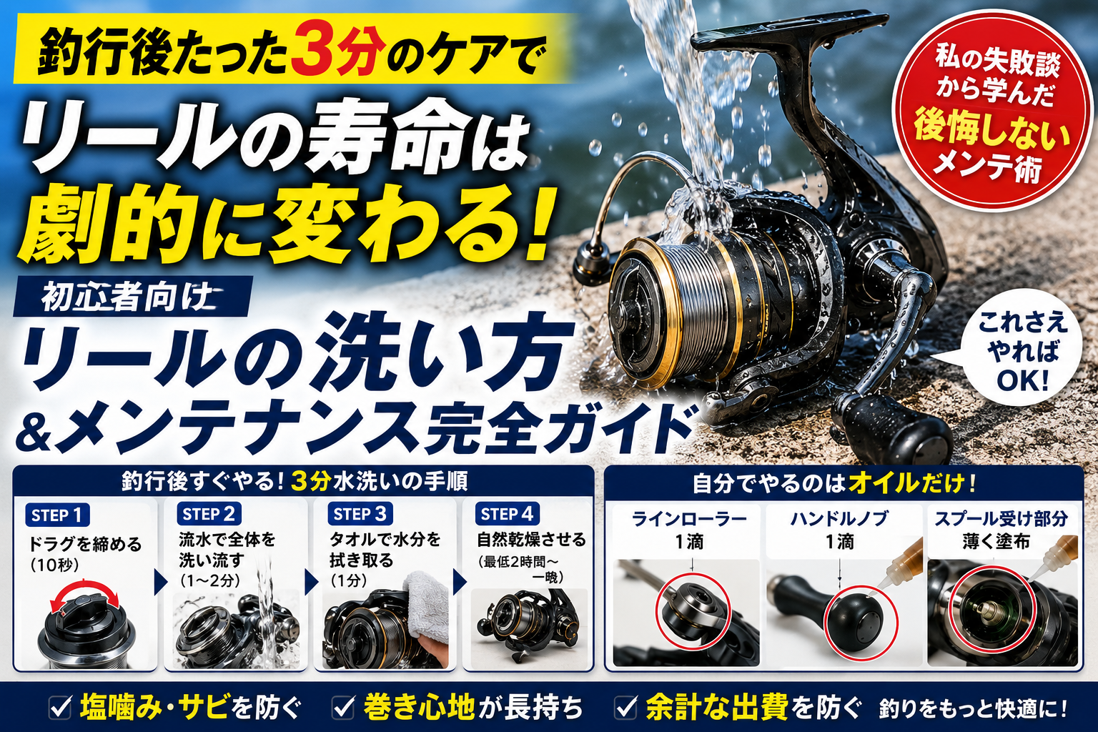 スピンニングリールの洗い方。釣行後に水道水で水洗いしてメンテナンスする手順。