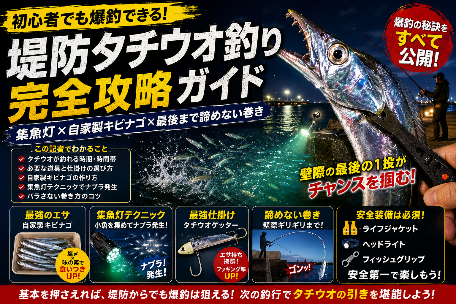 初心者でも爆釣できる堤防タチウオ釣り完全攻略ガイド:タチウオゲッター(テンヤ)、自家製キビナゴ、集魚灯テクニックを解説