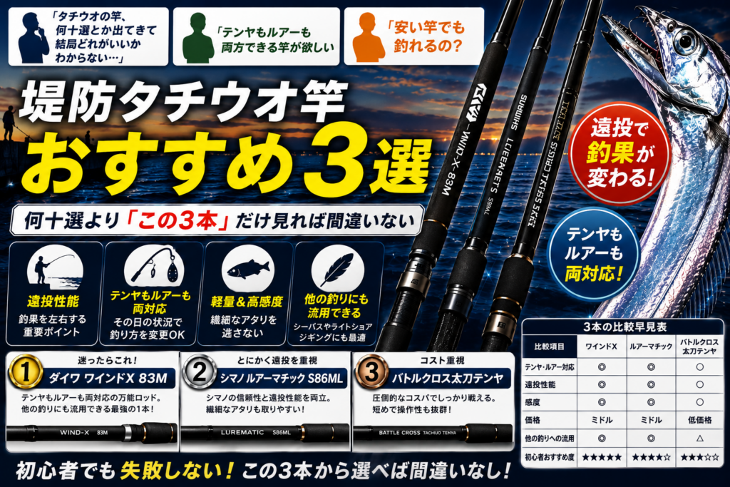 堤防タチウオ竿 おすすめ3選：テンヤもルアーも両対応、遠投で釣果が変わる厳選ガイド。ダイワ ワインドX、シマノ ルアーマチック、バトルクロス太刀テンヤの3本を比較。初心者でも失敗しない選び方。