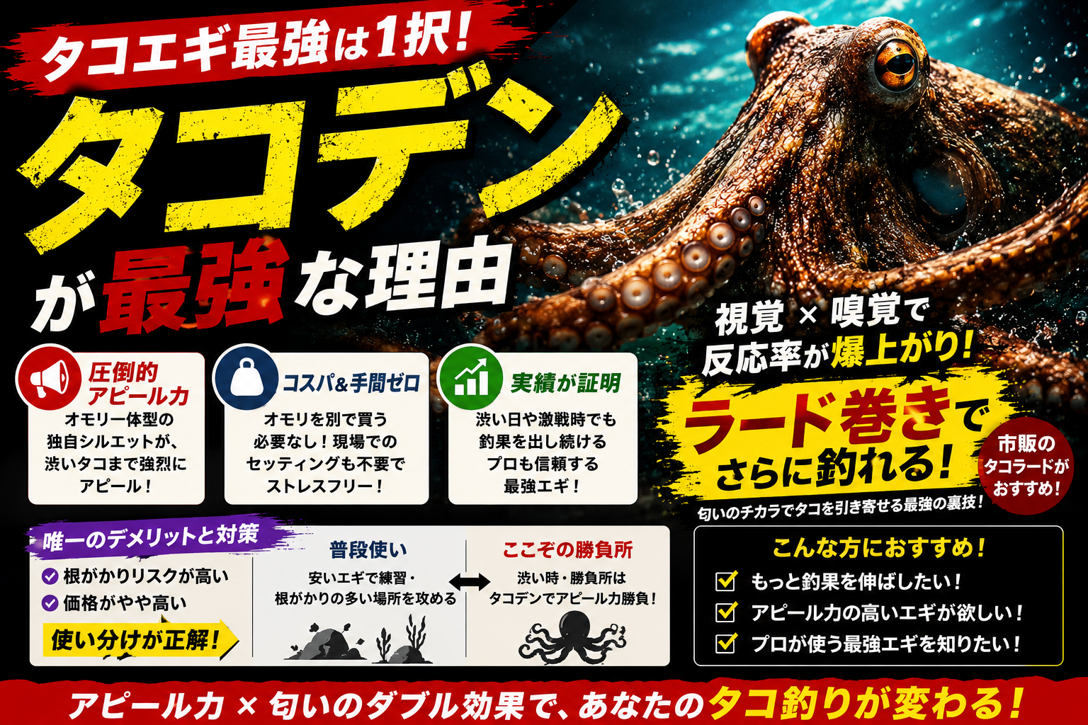 周りと圧倒的に差がつく最強タコエギ「蛸電(タコデン)」の選び方と、釣果を爆上げする裏技ラード巻きの解説