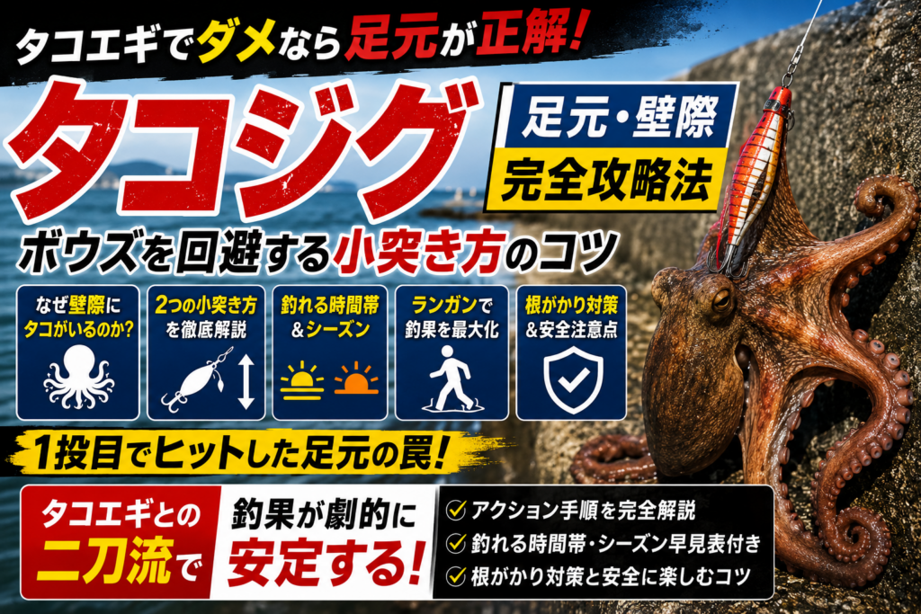 タコジグを使った足元・壁際完全攻略法とボウズを回避する小突き方のコツを解説したアイキャッチ画像。