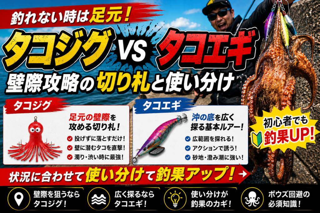 タコジグとタコエギの違いと使い分けを解説した比較画像⁠