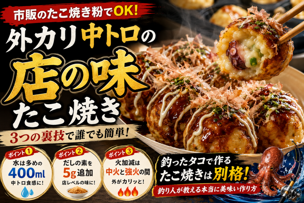 市販のたこ焼き粉で作る外カリ中トロの店レベルたこ焼きレシピ。水多め・だし追加・火加減の3つのコツを紹介。
