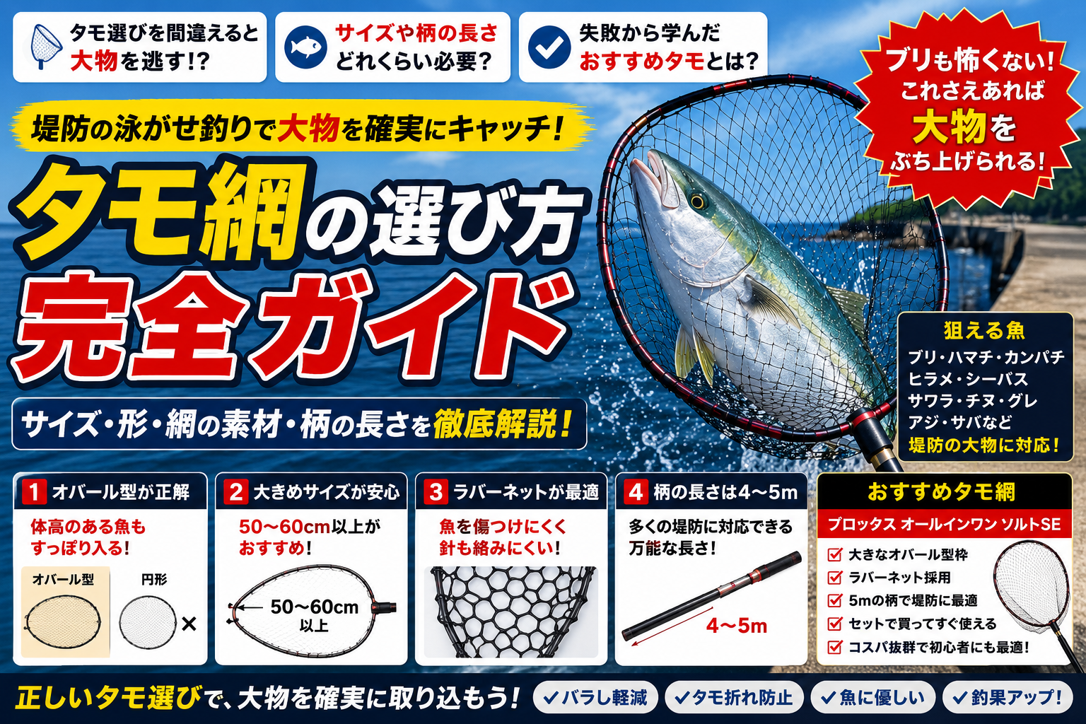タモ網の選び方完全ガイド。堤防の泳がせ釣りで大物を確実にキャッチするための4つのポイント（オバール型・50〜60cm以上の大きめサイズ・ラバーネット・柄4〜5m）を解説。狙える魚やおすすめタモも紹介