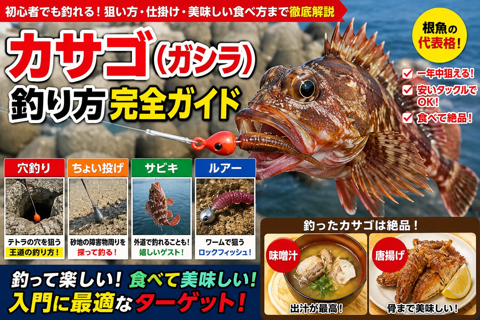 カサゴ(ガシラ)の釣り方完全ガイド。根魚の代表格で一年中狙え、安いタックルでOK、食べて絶品。穴釣り・ちょい投げ・サビキ・ルアーの4つの釣り方と、味噌汁・唐揚げなど美味しい食べ方を解説。初心者に最適なターゲット