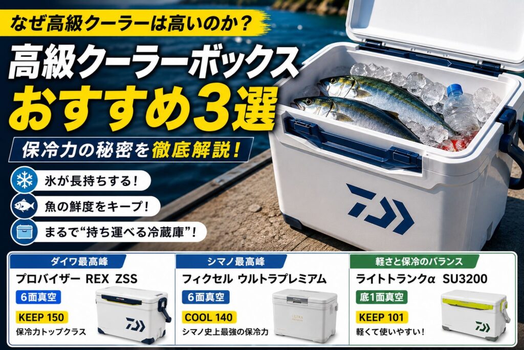 高級クーラーボックスおすすめ3選の図解。なぜ高いのか保冷力の秘密を解説。ダイワ プロバイザーREX ZSS（6面真空・KEEP150）、シマノ フィクセルウルトラプレミアム（6面真空・COOL140）、ダイワ ライトトランクα SU3200（底1面真空・KEEP101）を比較。氷が長持ちする持ち運べる冷蔵庫のような保冷力を紹介
