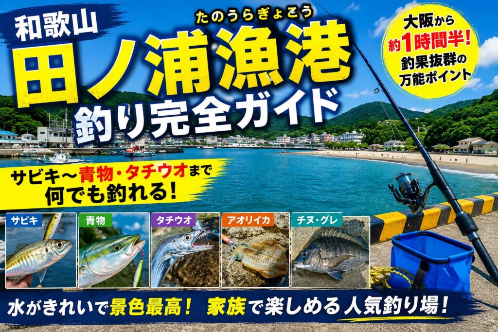 和歌山県田ノ浦漁港の釣り完全ガイド。大阪から約1時間半でアクセスできる万能ポイントで、サビキのアジから青物・タチウオ・アオリイカ・チヌ・グレまで何でも釣れる。水がきれいで景色も良く家族連れにもおすすめの人気釣り場